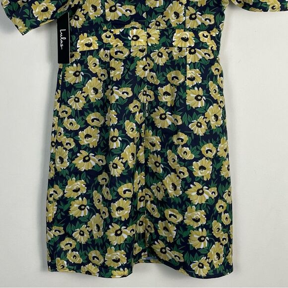 Lulus Floral Inclusive Floral Print Puff Sleeve Mini Dress Small Navy Yellow NEW - Picture 12 of 13